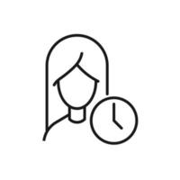 profession, occupation, passe-temps de la femme. signe de contour dessiné avec une fine ligne noire. trait modifiable. icône de ligne monochrome vecteur d'horloge par femme