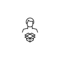 signe monochrome dessiné avec une fine ligne noire. symbole vectoriel moderne parfait pour les sites, les applications, les livres, les bannières, etc. icône de la ligne de la boîte ouverte à côté de l'homme sans visage