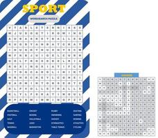 puzzle de recherche de mots imprimable. feuille de travail de vocabulaire amusante pour apprendre des mots anglais. trouver des mots cachés. carte de fête. jeu éducatif pour enfant et adulte. thème sportif. vecteur