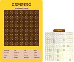 puzzle de recherche de mots imprimable. feuille de travail de vocabulaire amusante pour apprendre des mots anglais. trouver des mots cachés. carte de fête. jeu éducatif pour enfant et adulte. thème du camping. vecteur