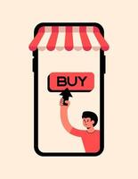 concept abstrait mobile shopping en ligne avec homme tenir la flèche et appuyer sur le bouton avec texte acheter sur écran illustration vectorielle de téléphone intelligent vecteur
