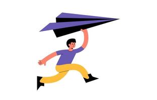 homme courir avec illustration vectorielle grand avion en papier. concept startup nouvelle entreprise entrepreneuriat ou temps abstrait pour voyager vecteur