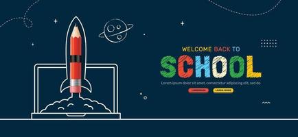 retour à l'arrière-plan de l'école avec le lancement d'une fusée à crayons d'un ordinateur portable à l'espace. apprentissage en ligne et modèle de page web, concept d'éducation numérique vecteur