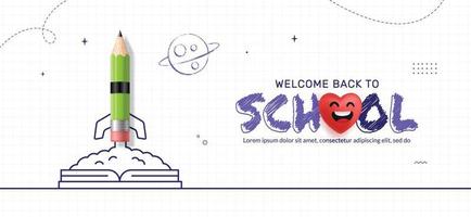 retour à l'arrière-plan de l'école avec le lancement d'une fusée à crayons du cahier à l'espace. apprentissage en ligne et modèle de page web, concept d'éducation numérique vecteur