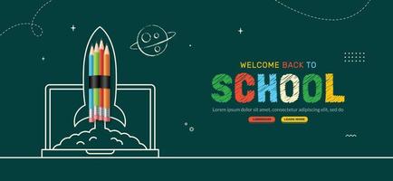 retour à l'arrière-plan de l'école avec le lancement d'une fusée à crayons d'un ordinateur portable à l'espace. apprentissage en ligne et modèle de page web, concept d'éducation numérique vecteur