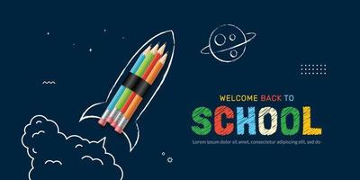 lancement d'une fusée à crayons sur fond spatial, concept de retour à l'école, modèle d'apprentissage en ligne et de conception de pages Web vecteur