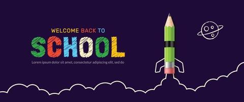 lancement d'une fusée à crayons vers la bannière de l'espace, retour à l'école, apprentissage en ligne et modèle de page web vecteur