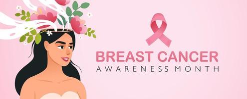 mois du cancer du sein avec un ruban rose. journée internationale du cancer du sein. bannière de vecteur en style cartoon