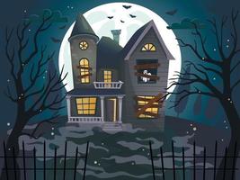 maison hantée d'halloween sur fond de lune bleue. illustration vectorielle. vecteur