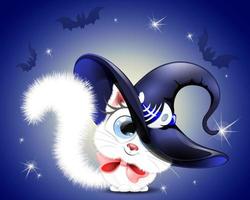 mignon petit chat de dessin animé blanc moelleux en chapeau de sorcière avec ceinture en os de poisson et arc rouge. vecteur