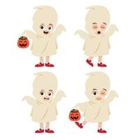 mignon enfant portant un costume de fantôme pour l'illustration vectorielle d'halloween vecteur