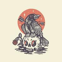 le corbeau et le crâne illustration de style de tatouage vintage vecteur