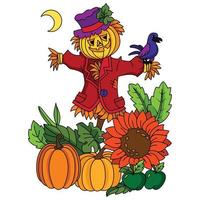 effrayant épouvantail de paille halloween avec chapeau citrouille et tournesols halloween coloriage illustration art vecteur
