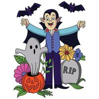 vampire halloween avec boo est sorti dans la citrouille rip grave fleurs bat illustration à colorier vecteur