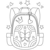 papillon rouge jaune sac d'école coloré sacs à dos avec des ornements d'amour et d'étoiles coloriages pour les enfants vecteur