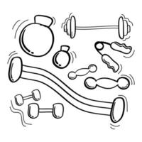 équipement de fitness dessiné à la main dans un style doodle vecteur