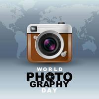 affiche de la journée mondiale de la photographie avec appareil photo et carte vecteur