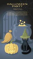 affiche vectorielle halloween avec chat noir dans un chapeau de sorcière, jack o'lantern, chaudron et balai. parfait pour les sites Web, les documents imprimés, les médias sociaux, les cartes, etc. vecteur