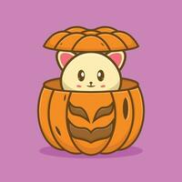 illustration d'icône de dessin animé d'un chat se cachant dans une citrouille. notion d'Halloween. design haut de gamme simple vecteur