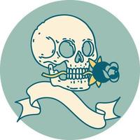icône de style tatouage avec bannière d'un crâne et d'une rose vecteur