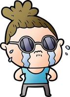 dessin animé femme qui pleure portant des lunettes de soleil vecteur