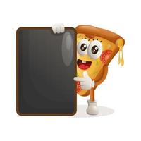 mascotte de pizza mignonne tenant un tableau noir de menu, un tableau de menu, un panneau d'affichage vecteur