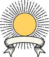 tatouage traditionnel avec bannière d'un soleil vecteur
