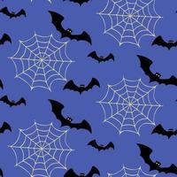 motif d'halloween sans couture avec des chauves-souris volantes autour des toiles d'araignées. illustration vectorielle dessinée à la main pour la décoration de fête d'halloween, scrapbooking, textile, conception de cartes de voeux, papier peint. vecteur