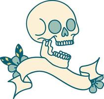 tatouage traditionnel avec bannière d'un crâne vecteur
