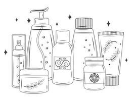 cosmétiques, crèmes, gels et liquides. illustration d'enfants monochromes. illustration vectorielle. livre de coloriage pour enfants. isolé sur blanc. vecteur