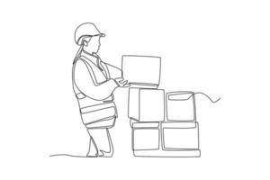 une ligne continue dessinant une travailleuse portant une combinaison de sécurité organise des boîtes à flèches dans l'entrepôt. concept de mouvement de patron. illustration graphique vectorielle de dessin à une seule ligne. vecteur