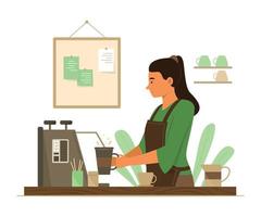 femme barista faisant du café au café vecteur