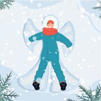 une femme se trouve sur la neige en vêtements d'hiver. il neige. montagnes en arrière-plan. activités d'hiver.illustration vectorielle dans un style plat. vecteur