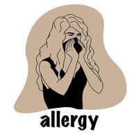 une fille éternue d'allergies, a contracté un virus, se couvre le visage avec une serviette. la femme tousse avec la grippe, le rhume, les infections, les allergies saisonnières. femme douce aux cheveux bouclés. style de griffonnage vecteur