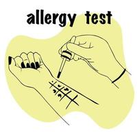 test d'allergie. le médecin en gant tient la pipette dans sa main pour analyse. remettre la paume du patient vers le haut avec des gouttes d'allergènes, effectuer un test d'allergie cutanée. patient ayant une réaction allergique. pour site médical vecteur