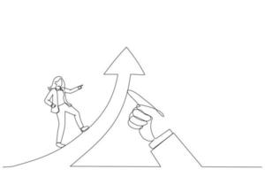 illustration d'une femme d'affaires courant sur la flèche du succès soulevée par la main géante du leader. métaphore de la réussite commerciale pour faire avancer le leadership. style d'art en ligne unique vecteur