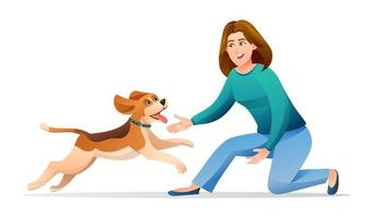 femme jouant avec son illustration de dessin animé de chien bien-aimé vecteur