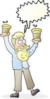 homme de dessin animé à bulle de dialogue dessiné à main levée avec des tasses à café vecteur