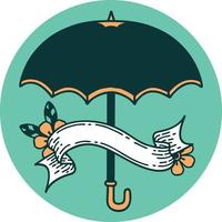 icône de style tatouage avec bannière d'un parapluie vecteur