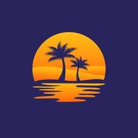 création de logo d'île avec cocotiers et coucher de soleil vecteur