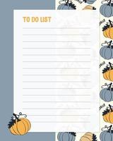 modèle de liste de notes à faire, papier ligné avec motif de citrouille d'halloween dessiné à la main. liste de tâches, rappels, vide, planificateurs. vecteur