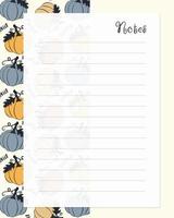 modèle de liste de notes à faire, papier ligné avec motif de citrouille d'halloween dessiné à la main. liste de tâches, rappels, vide, planificateurs. vecteur