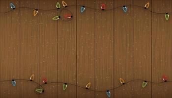 arrière-plan harmonieux d'hiver de décorations lumineuses de noël sur la texture du bois brun, toile de fond vectorielle de noël avec ampoule, neige sur le mur du panneau en bois, bannière panoramique harmonieuse pour le nouvel an noël vecteur