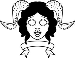 visage de personnage tiefling style dessin au trait tatouage noir et blanc avec bannière de défilement vecteur