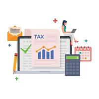 paiement en ligne du formulaire d'impôt. le calendrier affiche la date de paiement de la taxe. illustration du concept de gestion comptable et financière. vecteur