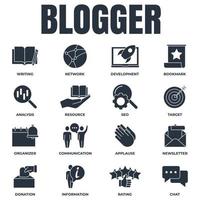 ensemble de blogueur, illustration vectorielle de blog icône logo. bulletin d'information, cible, communication, ressource, développement, analyse et plus modèle de symbole de pack pour la collection de conception graphique et web vecteur