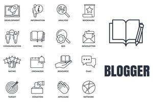 ensemble de blogueur, illustration vectorielle de blog icône logo. bulletin d'information, cible, communication, ressource, développement, analyse et plus modèle de symbole de pack pour la collection de conception graphique et web vecteur