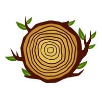 tronc d'arbre coupé. coupe transversale de la souche. motif circulaire concentrique sur bois brun. icône de l'industrie forestière et du travail du bois. branche avec des feuilles vecteur
