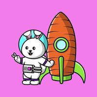 astronaute de lapin mignon avec illustration d'icône de vecteur de dessin animé de fusée de carotte. concept de dessin animé plat