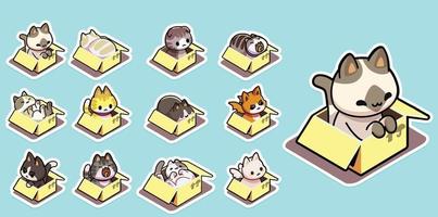 chats dans des boîtes mignons stickers vecteur